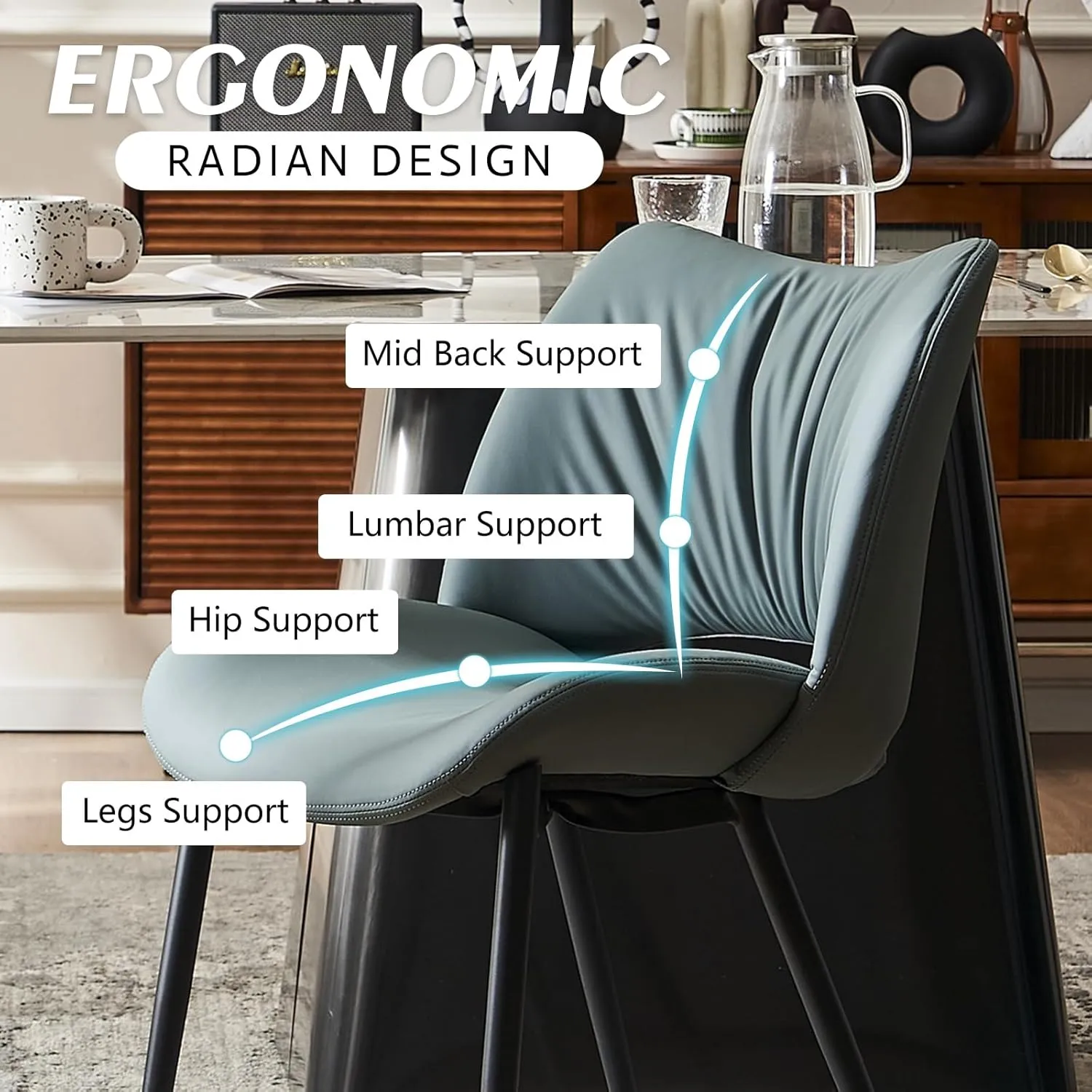 YOUTASTE Dining Chairs Set of 2 Modern Upholstered Kitchen Room Chair Armless Faux Leather Dinner Chair with Metal Legs and Thicked Pad for Living Room Greyish Green