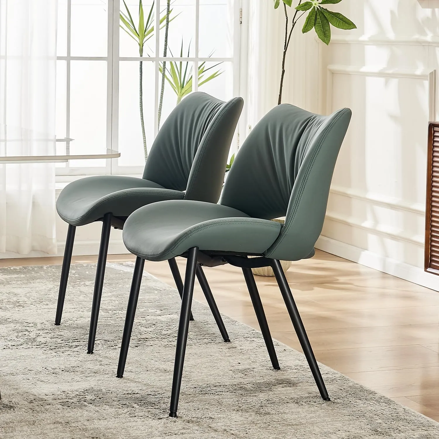 YOUTASTE Dining Chairs Set of 2 Modern Upholstered Kitchen Room Chair Armless Faux Leather Dinner Chair with Metal Legs and Thicked Pad for Living Room Greyish Green