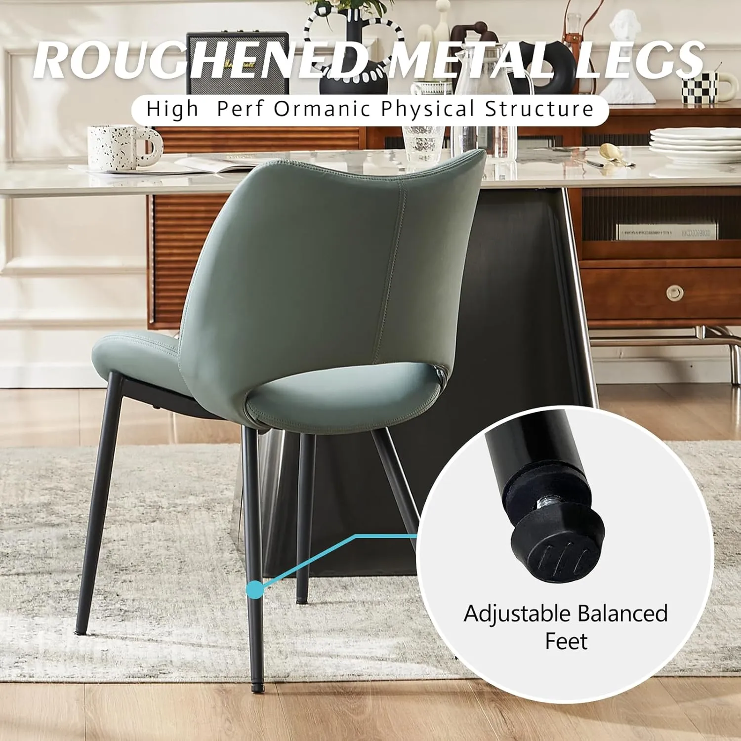 YOUTASTE Dining Chairs Set of 2 Modern Upholstered Kitchen Room Chair Armless Faux Leather Dinner Chair with Metal Legs and Thicked Pad for Living Room Greyish Green
