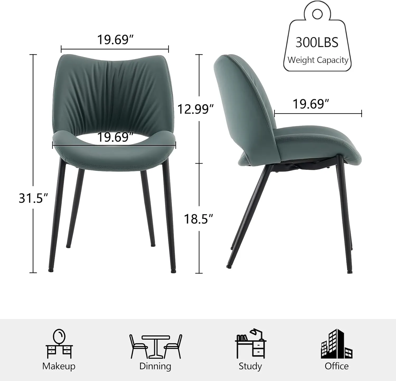YOUTASTE Dining Chairs Set of 2 Modern Upholstered Kitchen Room Chair Armless Faux Leather Dinner Chair with Metal Legs and Thicked Pad for Living Room Greyish Green