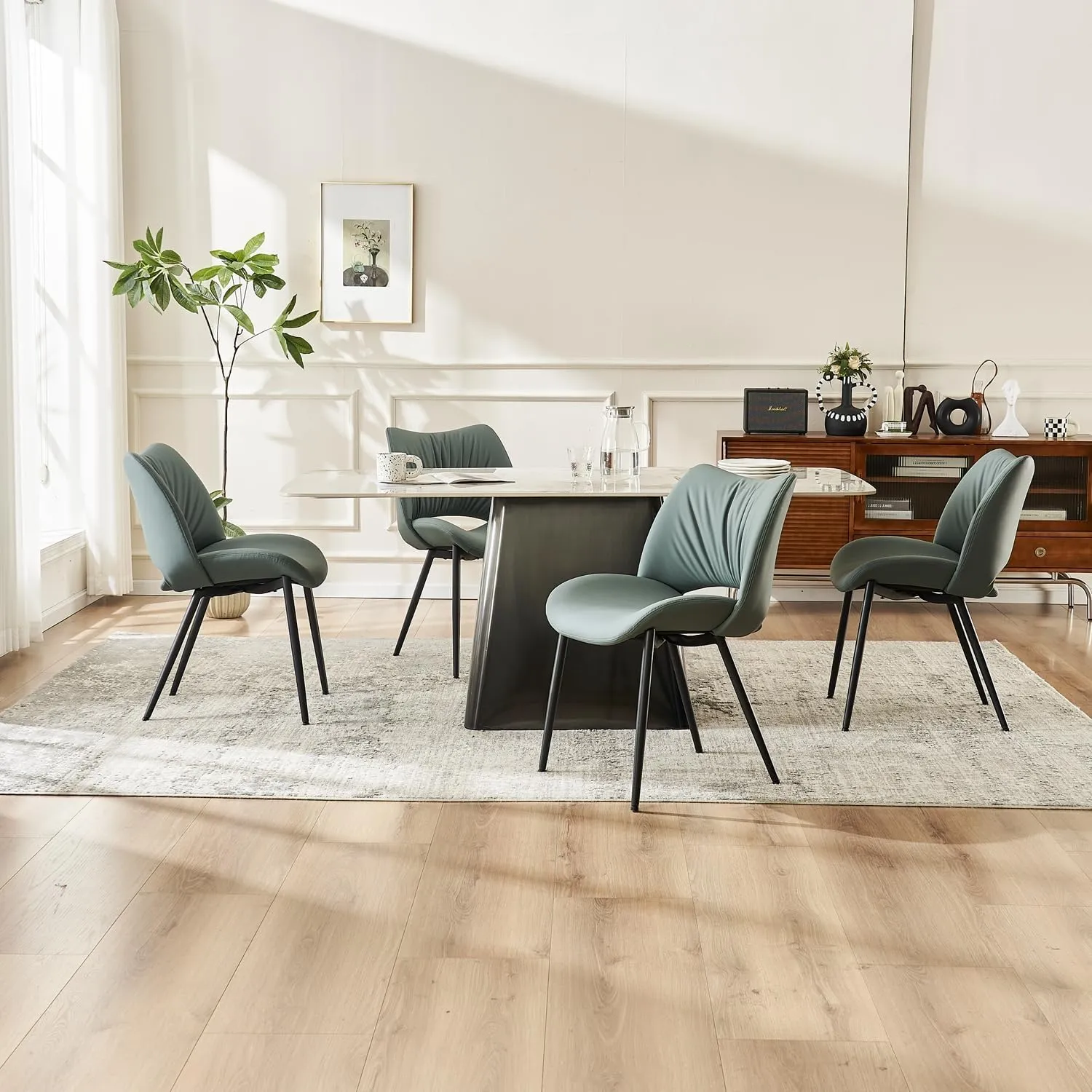 YOUTASTE Dining Chairs Set of 2 Modern Upholstered Kitchen Room Chair Armless Faux Leather Dinner Chair with Metal Legs and Thicked Pad for Living Room Greyish Green