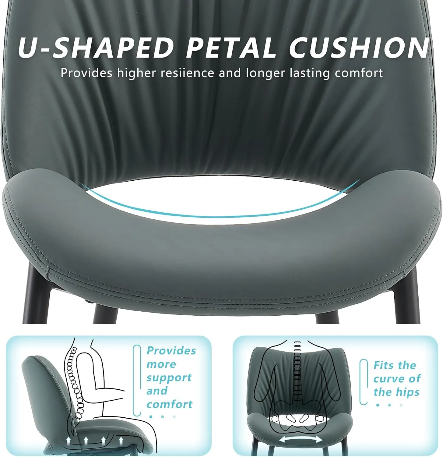 YOUTASTE Dining Chairs Set of 2 Modern Upholstered Kitchen Room Chair Armless Faux Leather Dinner Chair with Metal Legs and Thicked Pad for Living Room Greyish Green