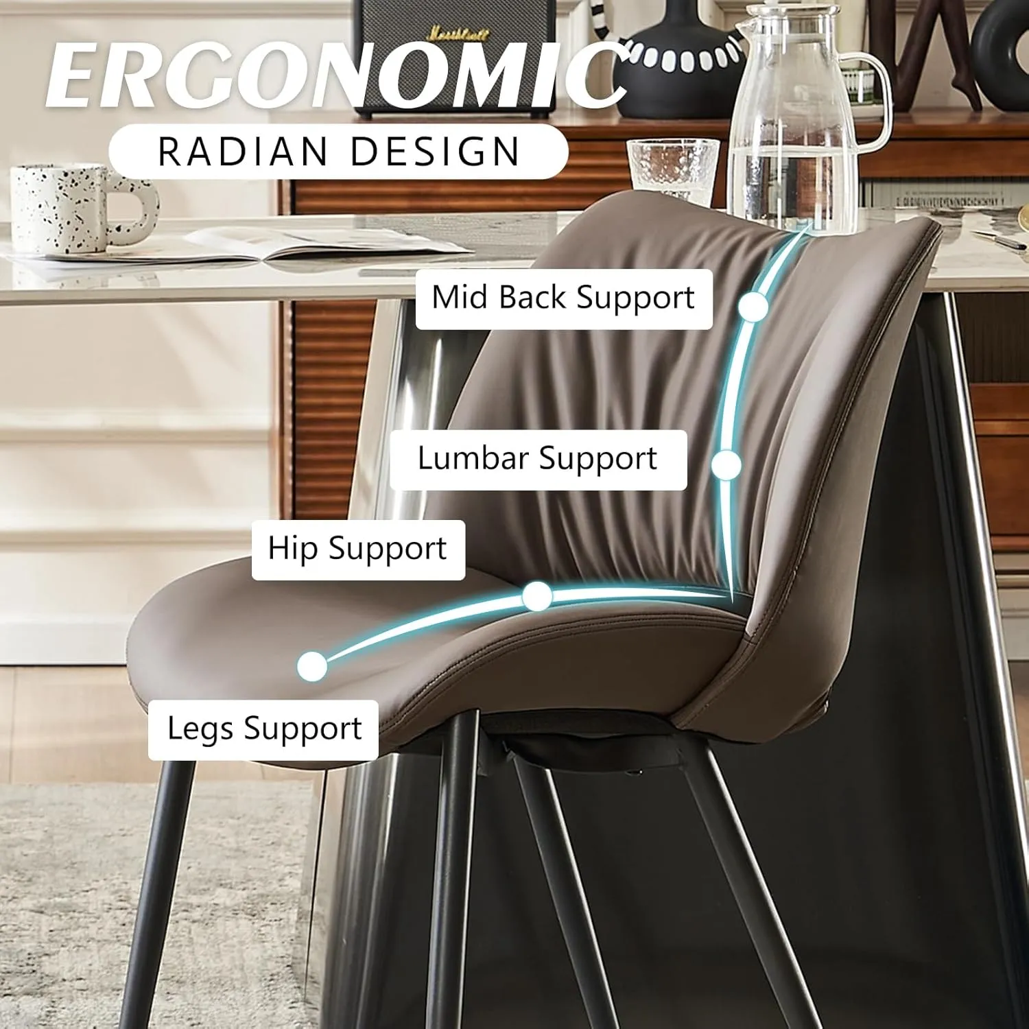 YOUTASTE Dining Chairs Set of 2 Upholstered Kitchen Dining Room Chair Modern Faux Leather Curved Backrest Dinner Chair with Padded Seat for Living Room Dark Brown