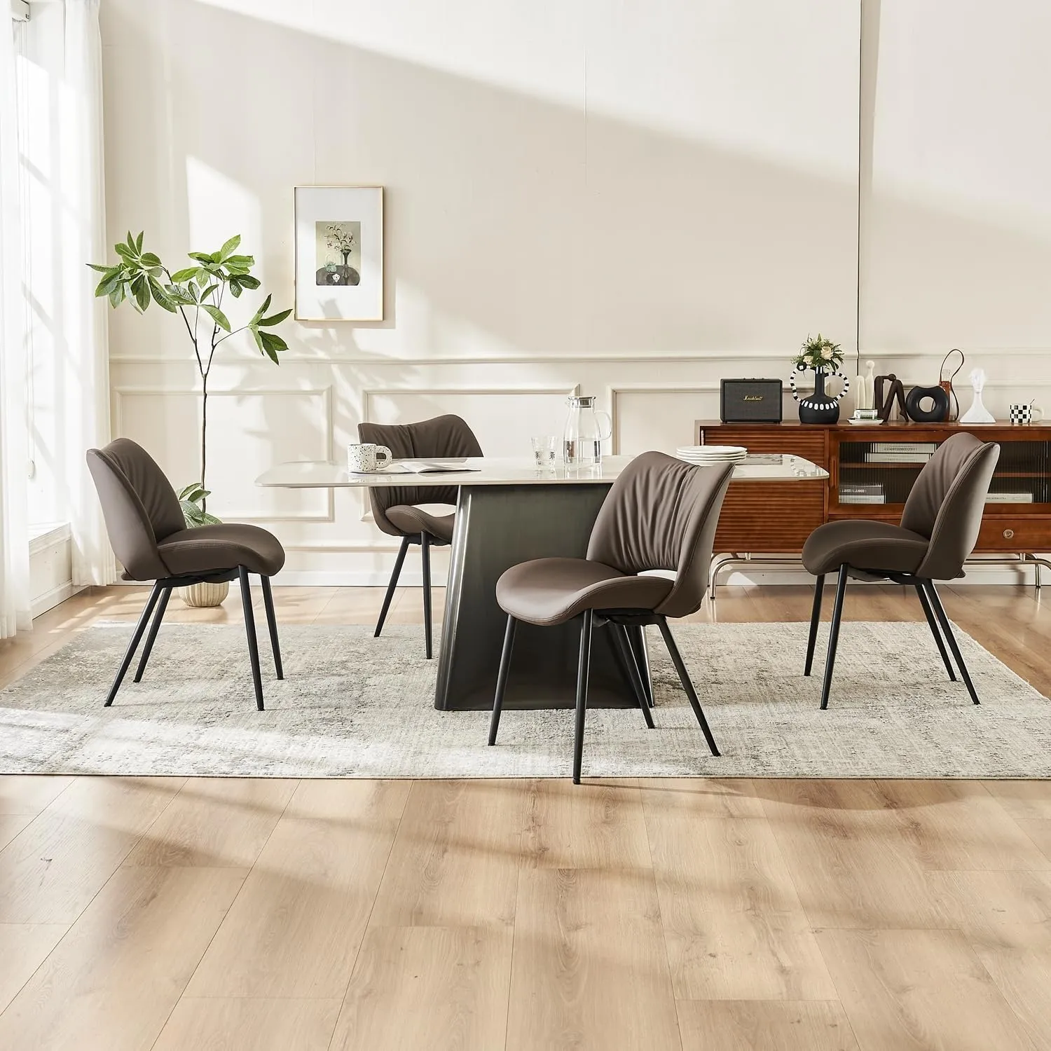 YOUTASTE Dining Chairs Set of 2 Upholstered Kitchen Dining Room Chair Modern Faux Leather Curved Backrest Dinner Chair with Padded Seat for Living Room Dark Brown