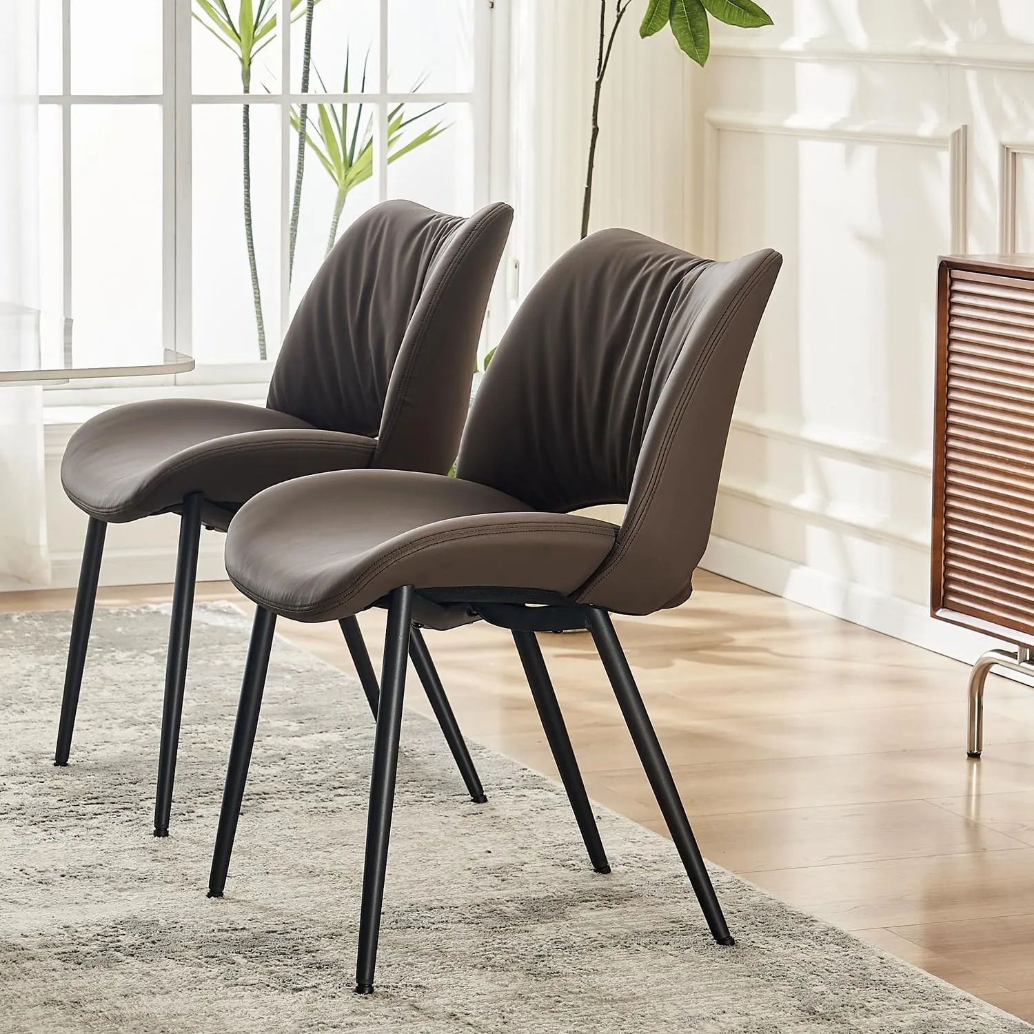 YOUTASTE Dining Chairs Set of 2 Upholstered Kitchen Dining Room Chair Modern Faux Leather Curved Backrest Dinner Chair with Padded Seat for Living Room Dark Brown