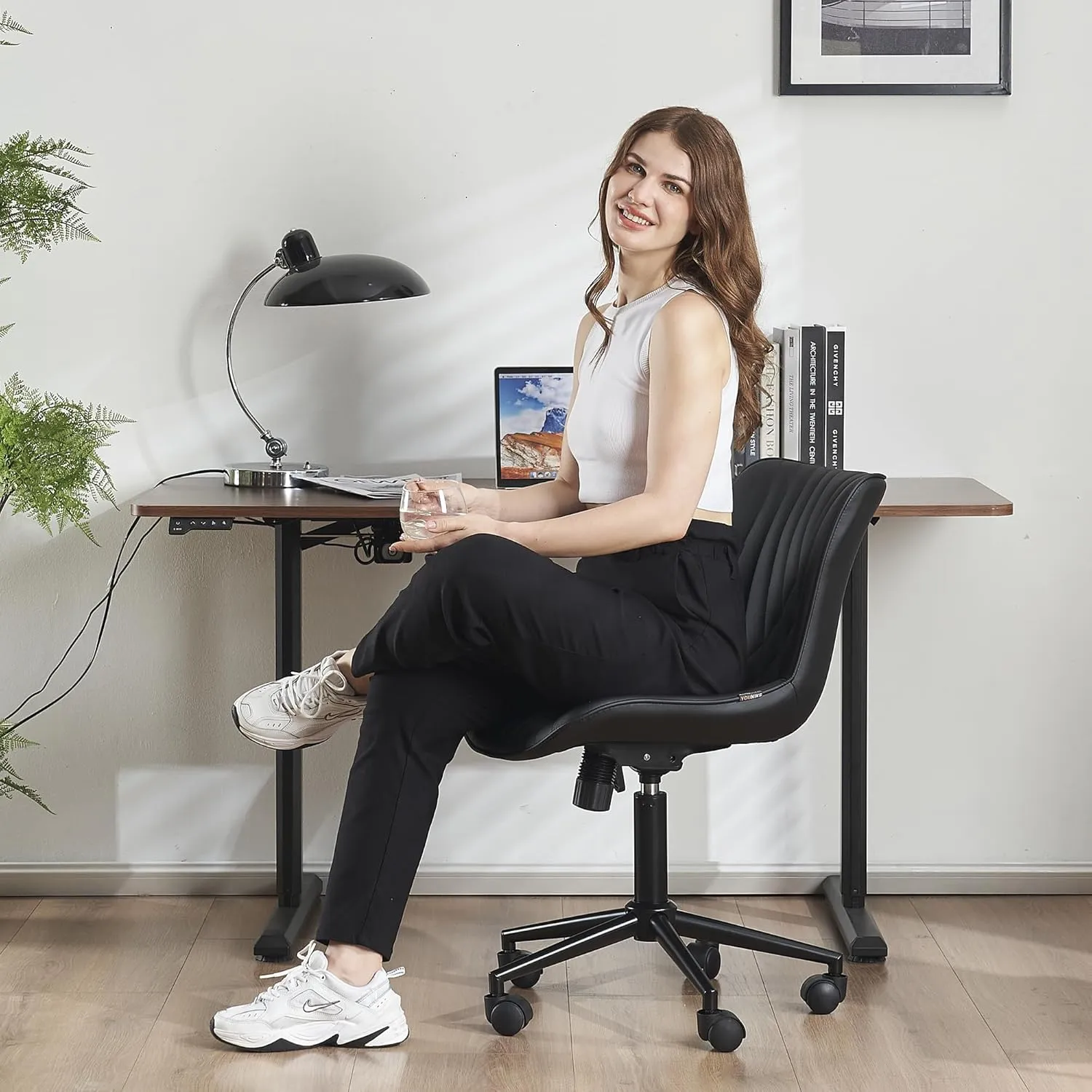 YOUTASTE Office Chair Modern Armless Desk Chair with Wheels, Adjustable Swivel Rolling Computer Task Chair, Faux Leather Sewing Chairs, Ergonomics Rocking Home Gaming Lounge Vanity Chairs, Black