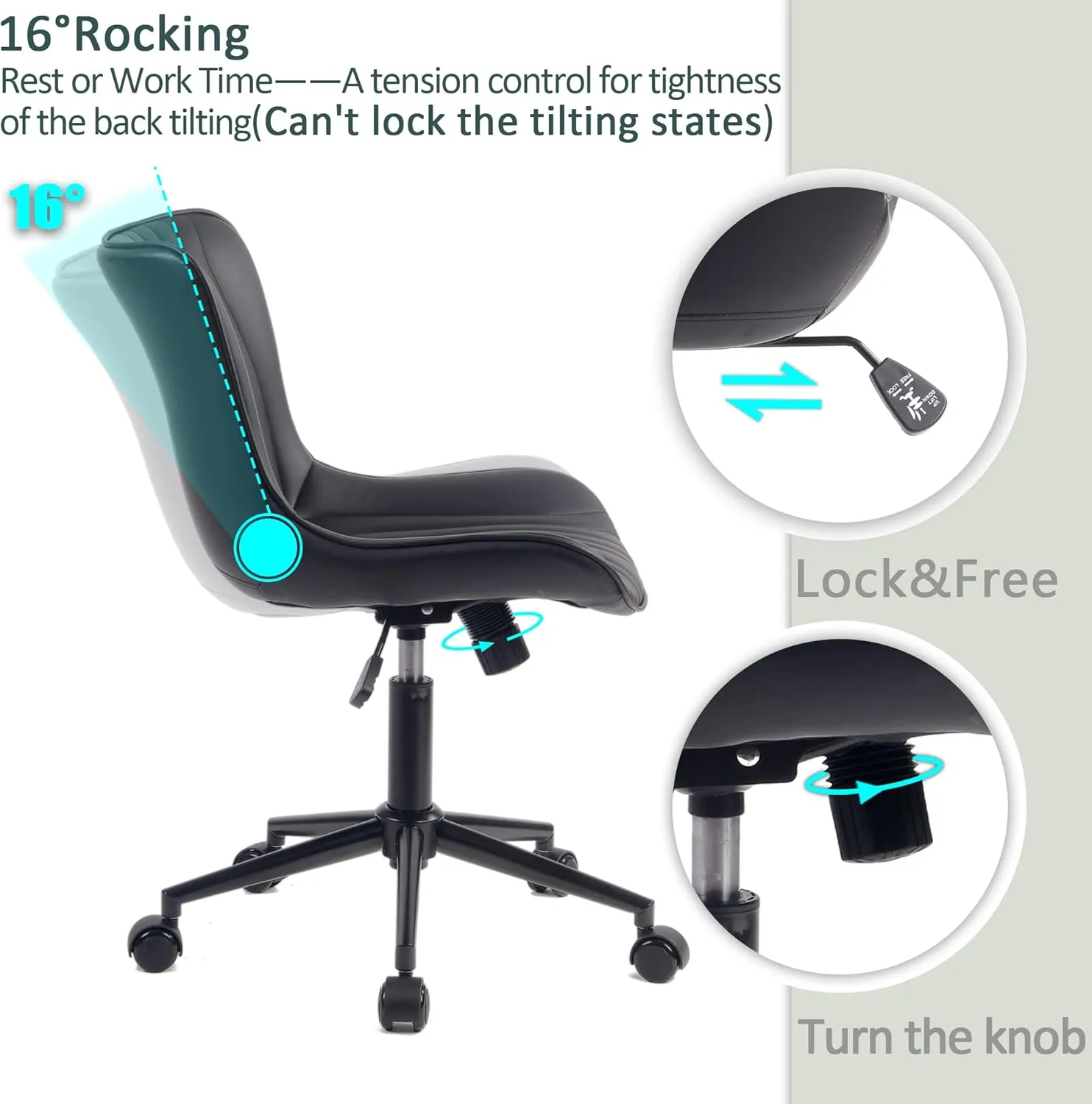 YOUTASTE Office Chair Modern Armless Desk Chair with Wheels, Adjustable Swivel Rolling Computer Task Chair, Faux Leather Sewing Chairs, Ergonomics Rocking Home Gaming Lounge Vanity Chairs, Black