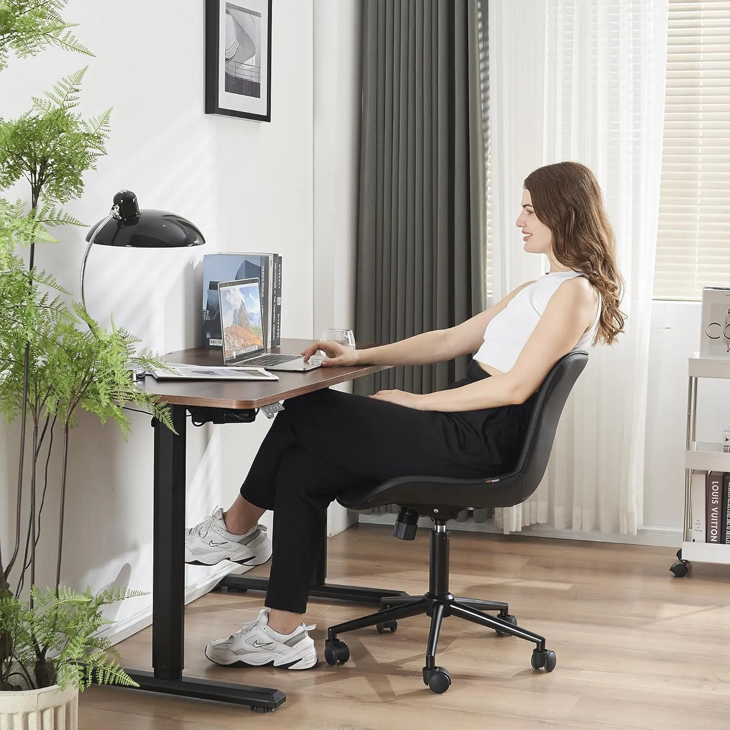 YOUTASTE Office Chair Modern Armless Desk Chair with Wheels, Adjustable Swivel Rolling Computer Task Chair, Faux Leather Sewing Chairs, Ergonomics Rocking Home Gaming Lounge Vanity Chairs, Black