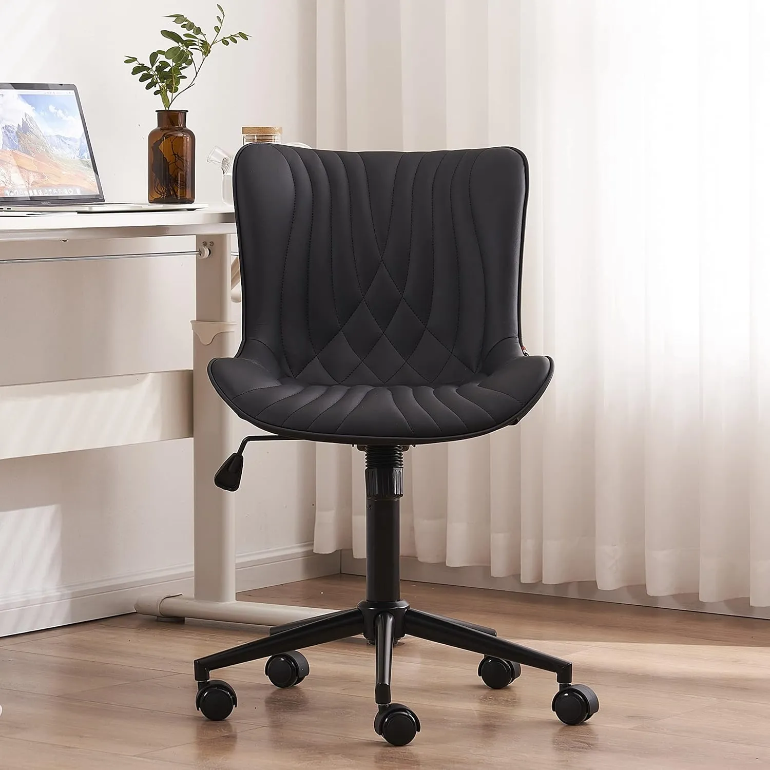 YOUTASTE Office Chair Modern Armless Desk Chair with Wheels, Adjustable Swivel Rolling Computer Task Chair, Faux Leather Sewing Chairs, Ergonomics Rocking Home Gaming Lounge Vanity Chairs, Black
