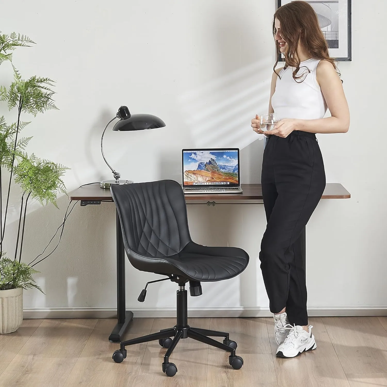 YOUTASTE Office Chair Modern Armless Desk Chair with Wheels, Adjustable Swivel Rolling Computer Task Chair, Faux Leather Sewing Chairs, Ergonomics Rocking Home Gaming Lounge Vanity Chairs, Black