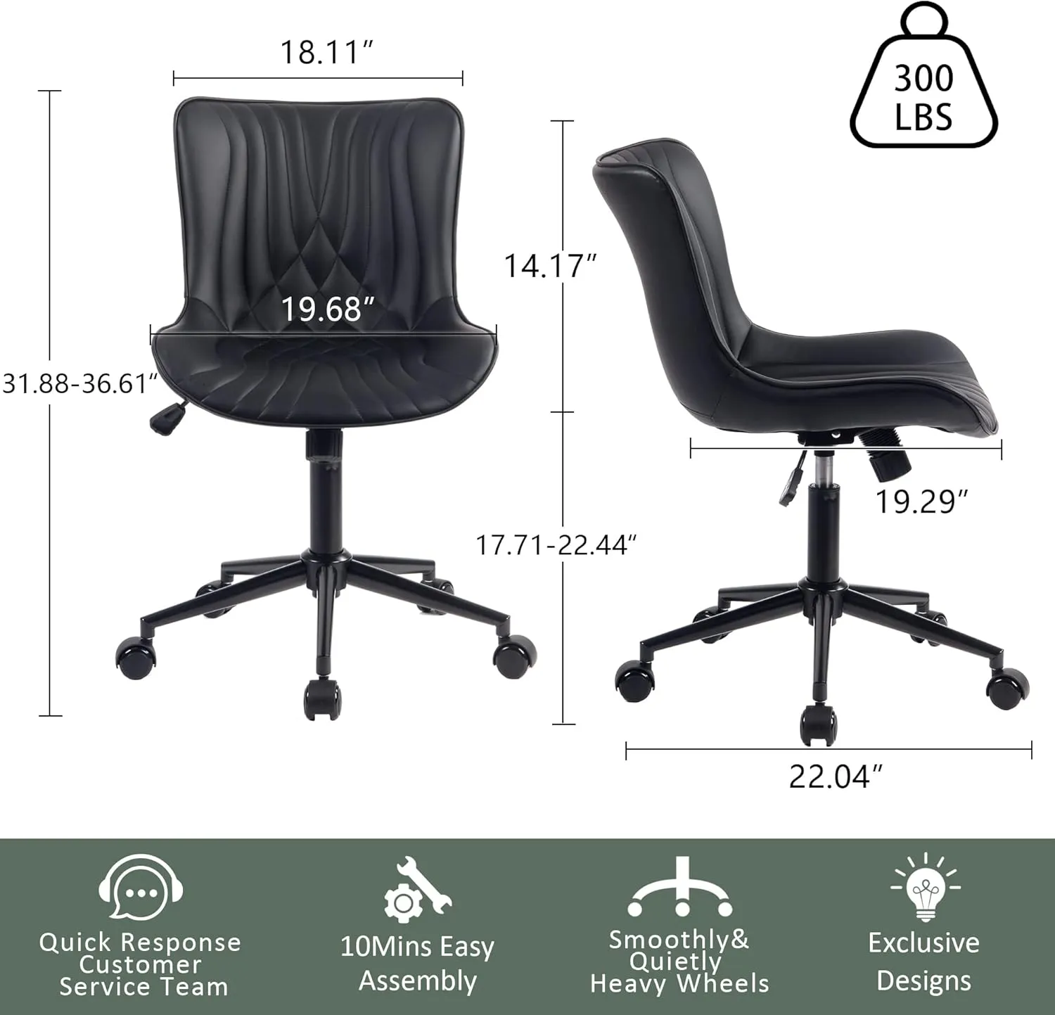 YOUTASTE Office Chair Modern Armless Desk Chair with Wheels, Adjustable Swivel Rolling Computer Task Chair, Faux Leather Sewing Chairs, Ergonomics Rocking Home Gaming Lounge Vanity Chairs, Black