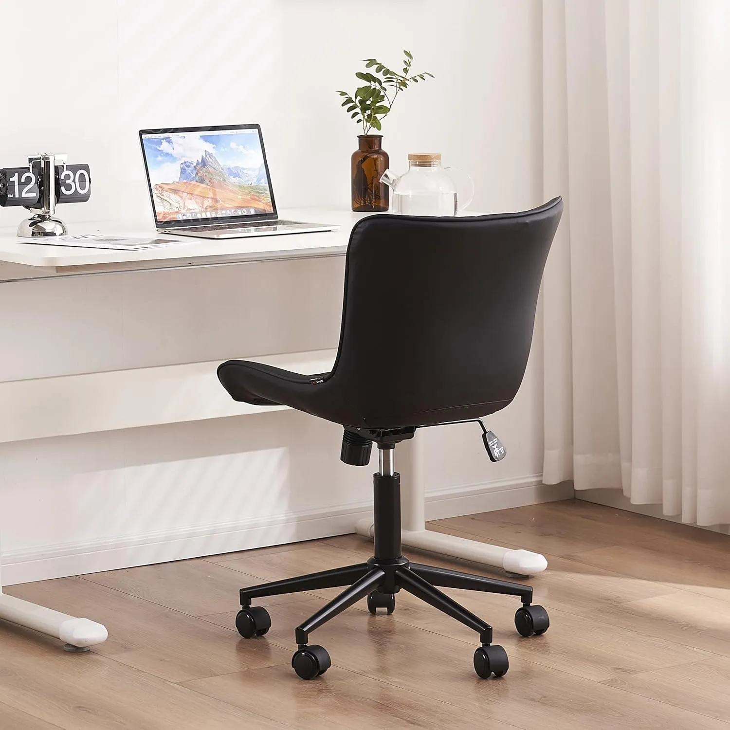 YOUTASTE Office Chair Modern Armless Desk Chair with Wheels, Adjustable Swivel Rolling Computer Task Chair, Faux Leather Sewing Chairs, Ergonomics Rocking Home Gaming Lounge Vanity Chairs, Black