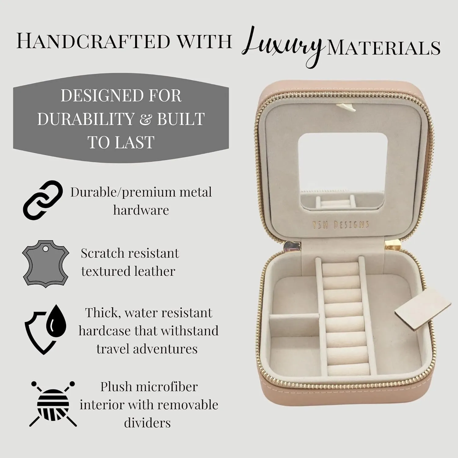 YSM Designs Travel Jewelry Organizer Box, Travel Jewelry Case | Small Jewelry Box for Women, Jewelry Travel Case | Earring Organizer Box with Mirror (Beige)