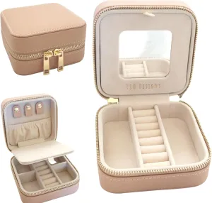 YSM Designs Travel Jewelry Organizer Box, Travel Jewelry Case | Small Jewelry Box for Women, Jewelry Travel Case | Earring Organizer Box with Mirror (Beige)