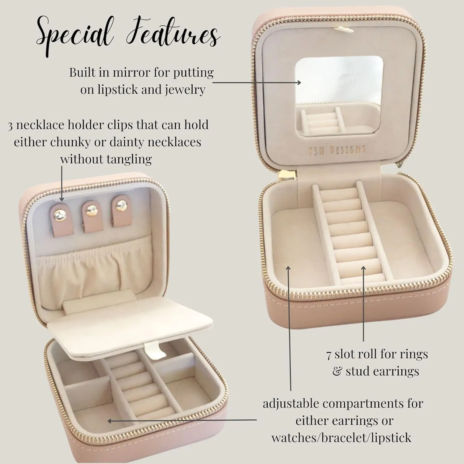 YSM Designs Travel Jewelry Organizer Box, Travel Jewelry Case | Small Jewelry Box for Women, Jewelry Travel Case | Earring Organizer Box with Mirror (Beige)