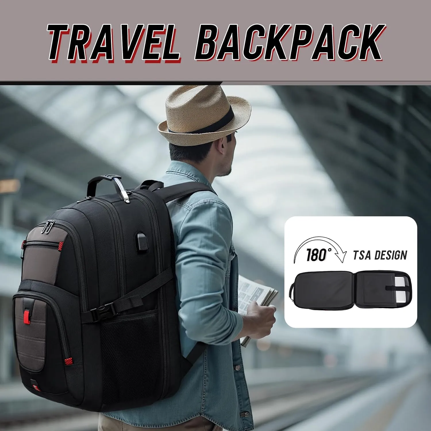 Z-MGKISS Travel Backpack, TSA Airline Approved, Travel Laptop Backpack with USB Charging Port, Extra Large 50L Backpack 17 inch Computer Perfect for Men, Grey