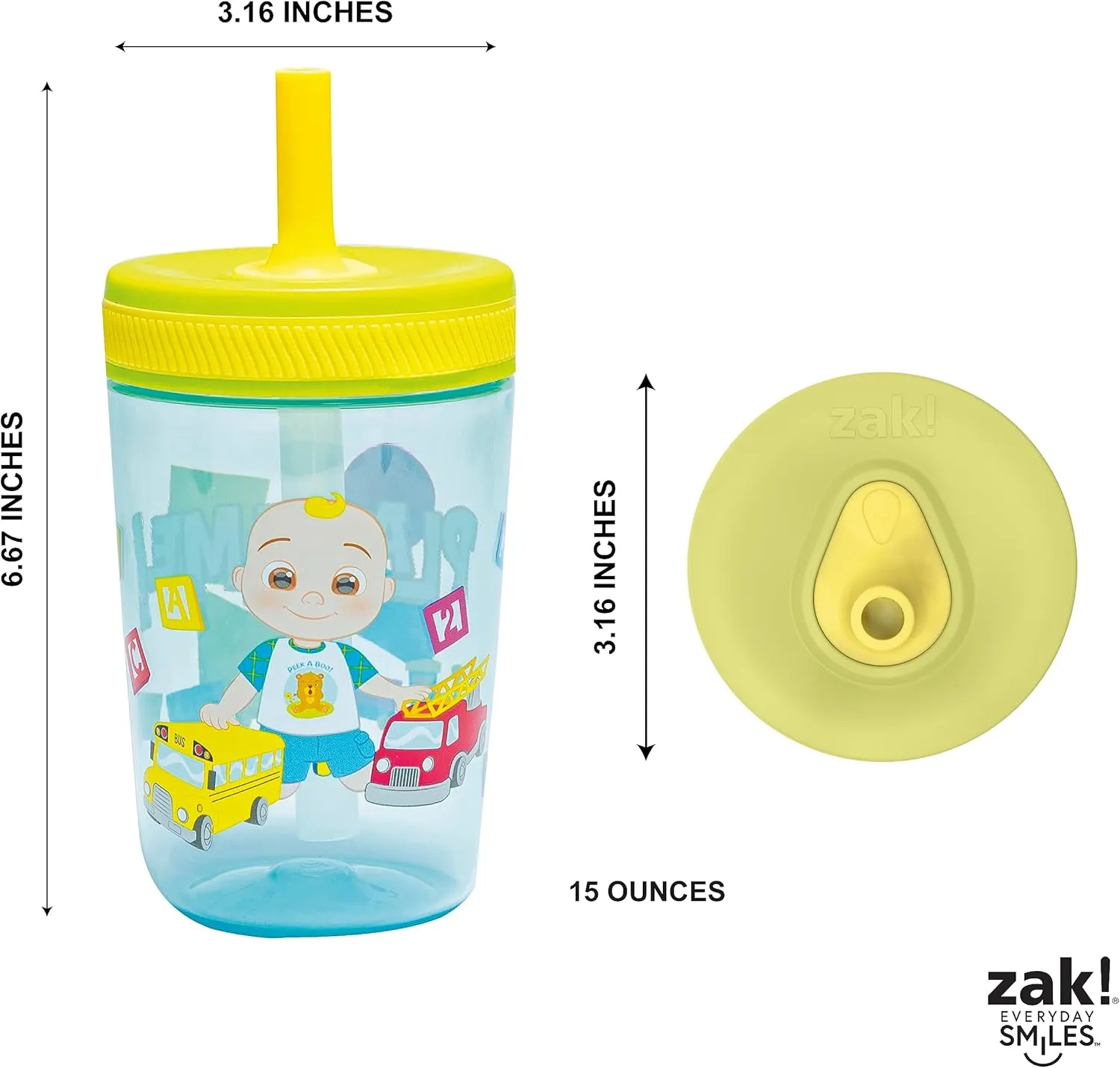Zak Designs 15oz Cocomelon Kelso Tumbler Set, Leak-Proof Screw-On Lid with Straw Made of Durable Plastic and Silicone, Perfect Bundle for Kids, 1 Count (Pack of 1)