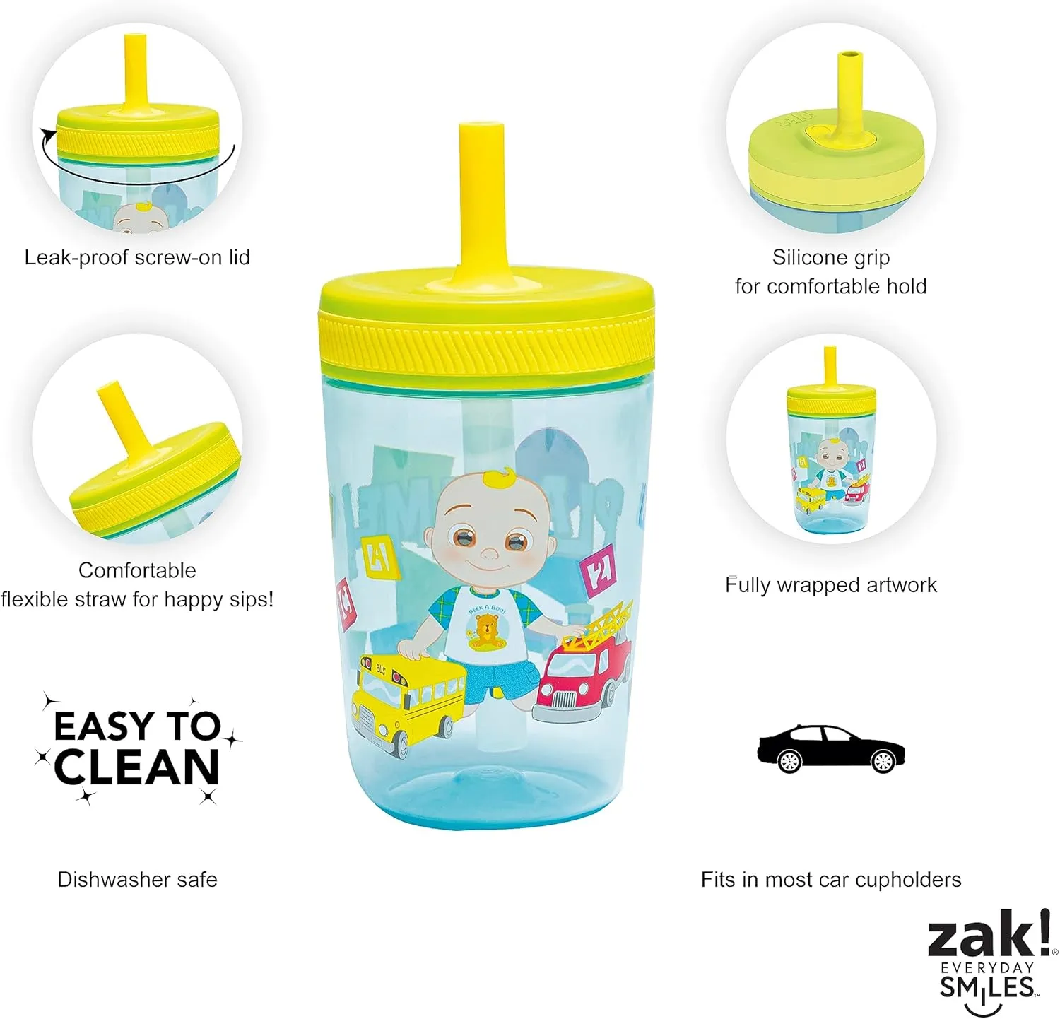 Zak Designs 15oz Cocomelon Kelso Tumbler Set, Leak-Proof Screw-On Lid with Straw Made of Durable Plastic and Silicone, Perfect Bundle for Kids, 1 Count (Pack of 1)