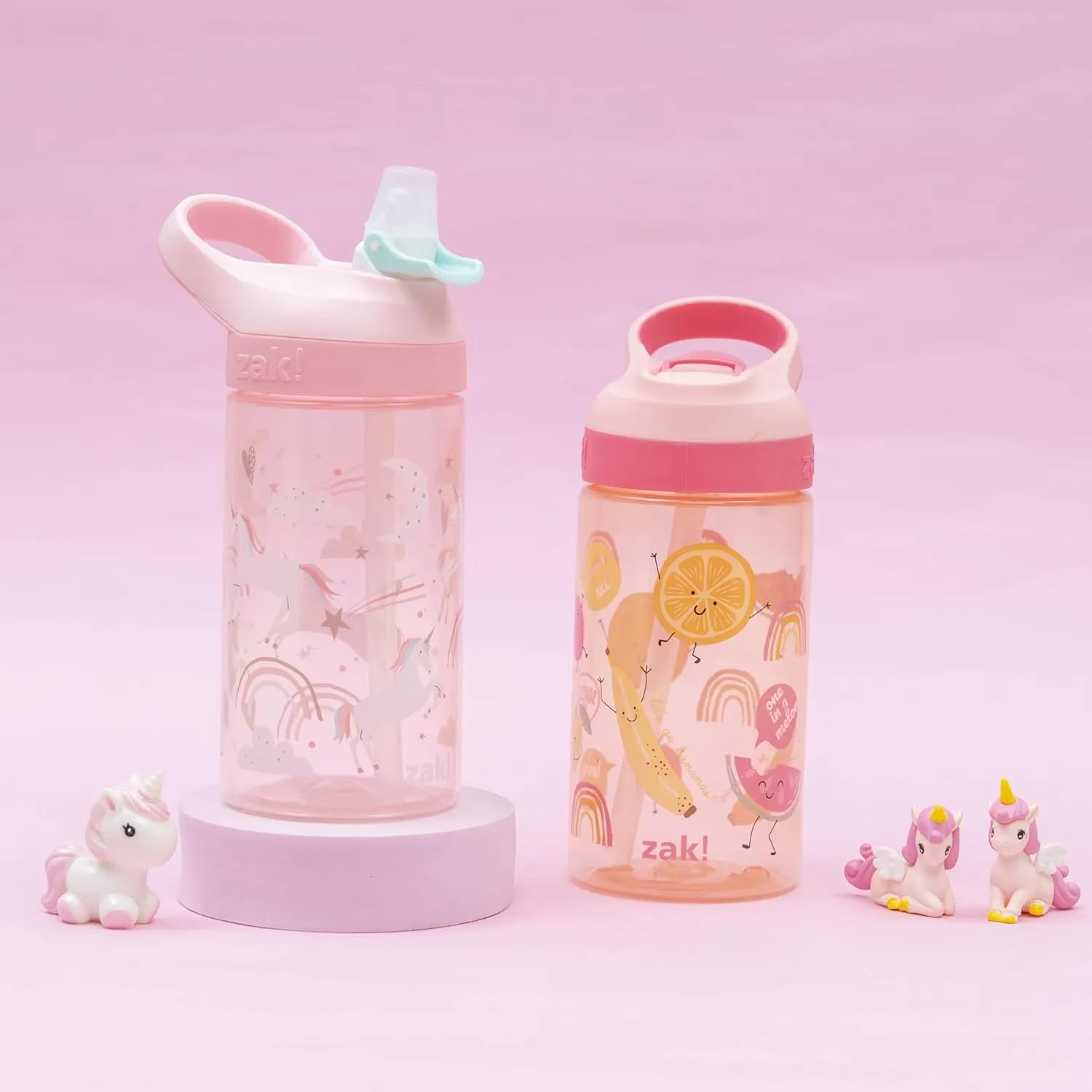 Zak Designs Atlantic Kids Water Bottle For School or Travel, 16oz Durable Plastic Water Bottle With Straw, Handle, and Leak-Proof, Pop-Up Spout Cover, 2-Pack (Fanciful Unicorn and Happy Fruit)