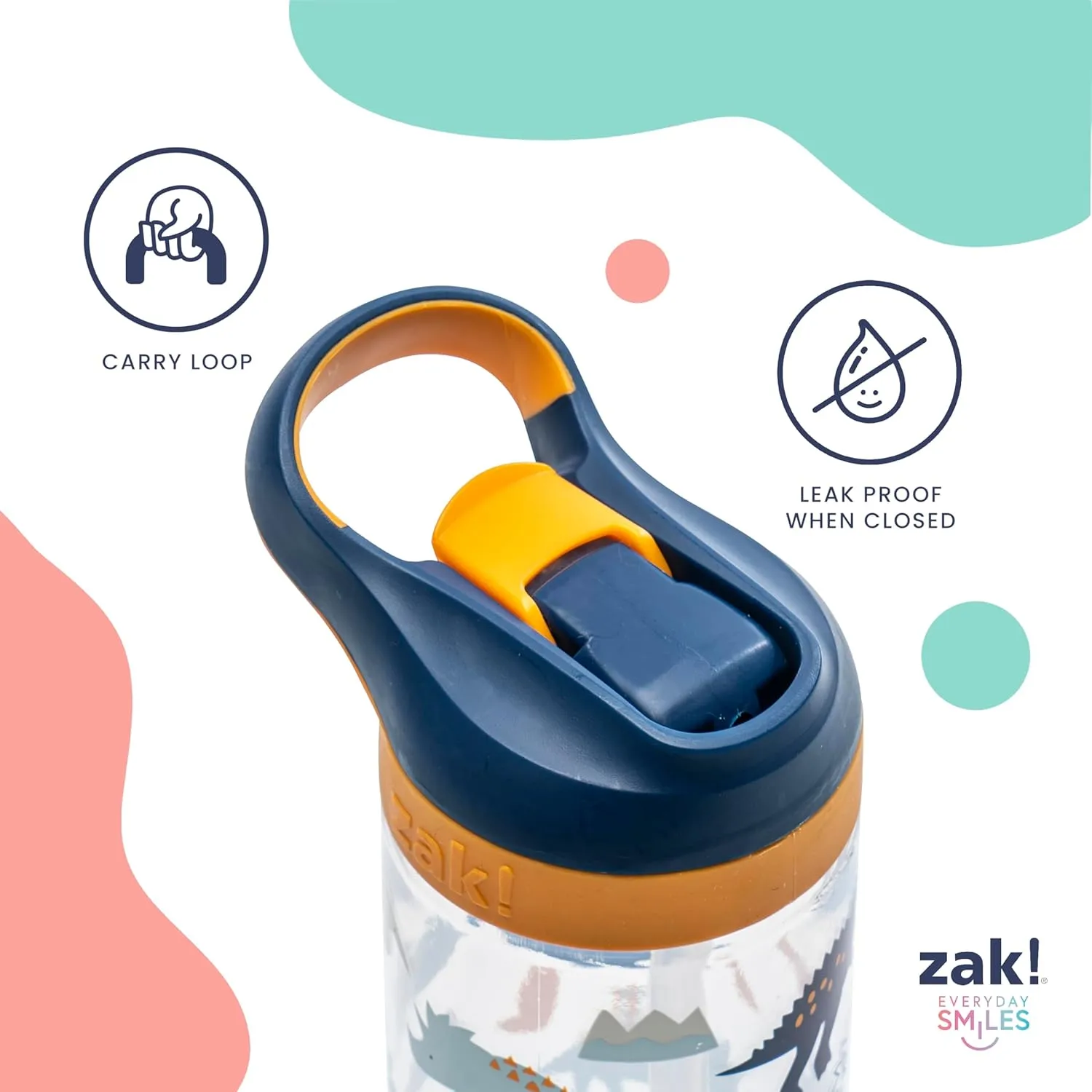 Zak Designs Atlantic Kids Water Bottle For School or Travel, 16oz Durable Plastic Water Bottle With Straw, Handle, and Leak-Proof, Pop-Up Spout Cover, 2-Pack (Fanciful Unicorn and Happy Fruit)