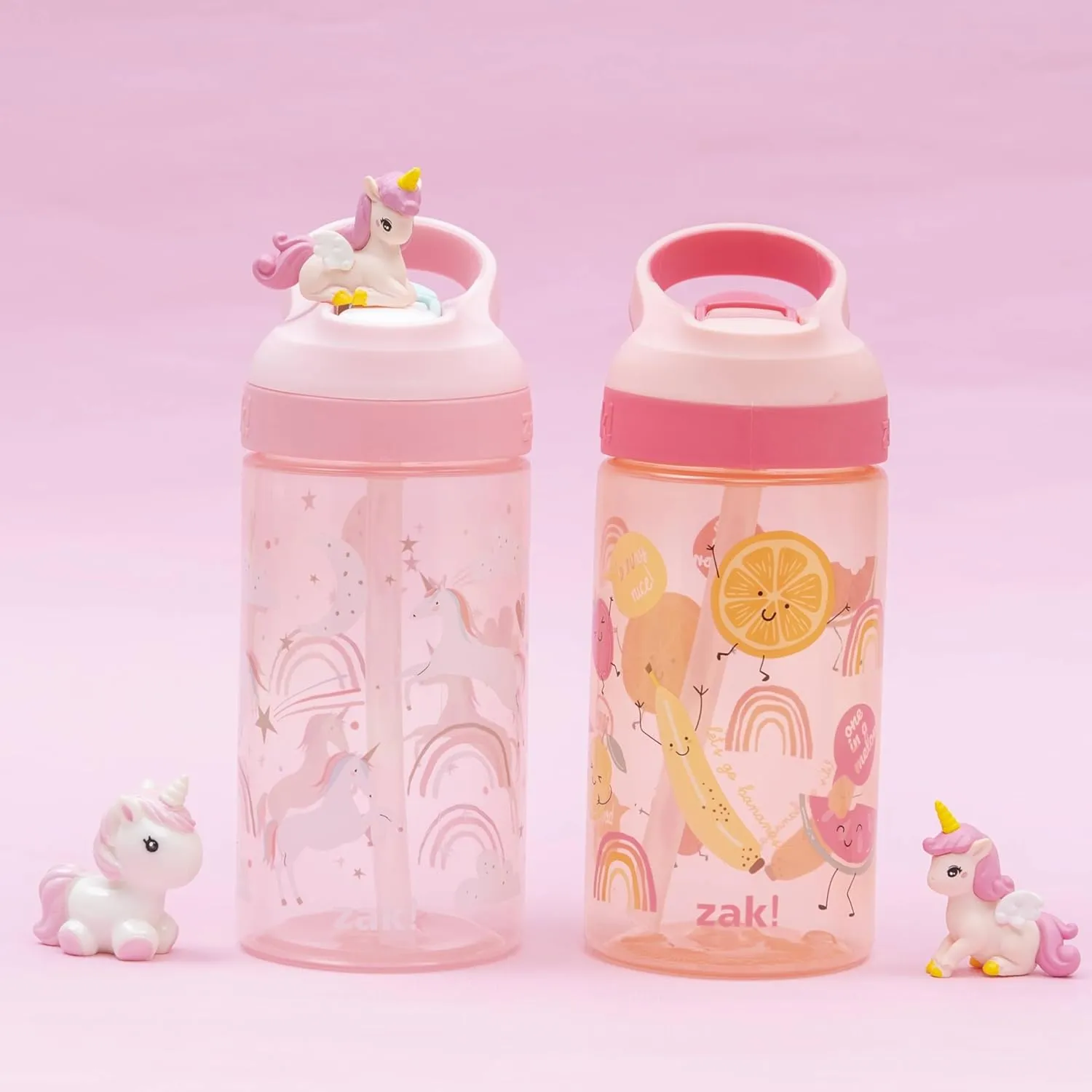 Zak Designs Atlantic Kids Water Bottle For School or Travel, 16oz Durable Plastic Water Bottle With Straw, Handle, and Leak-Proof, Pop-Up Spout Cover, 2-Pack (Fanciful Unicorn and Happy Fruit)