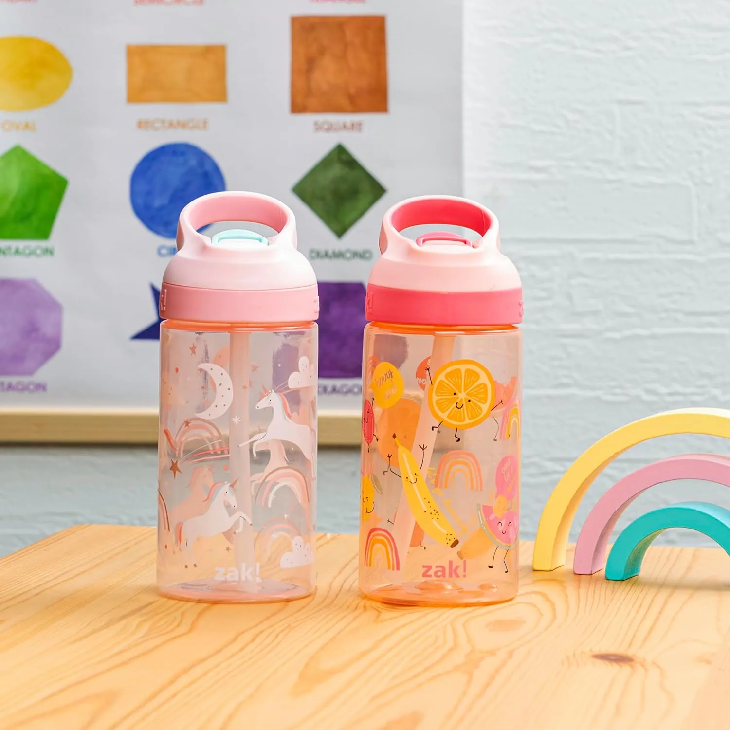 Zak Designs Atlantic Kids Water Bottle For School or Travel, 16oz Durable Plastic Water Bottle With Straw, Handle, and Leak-Proof, Pop-Up Spout Cover, 2-Pack (Fanciful Unicorn and Happy Fruit)