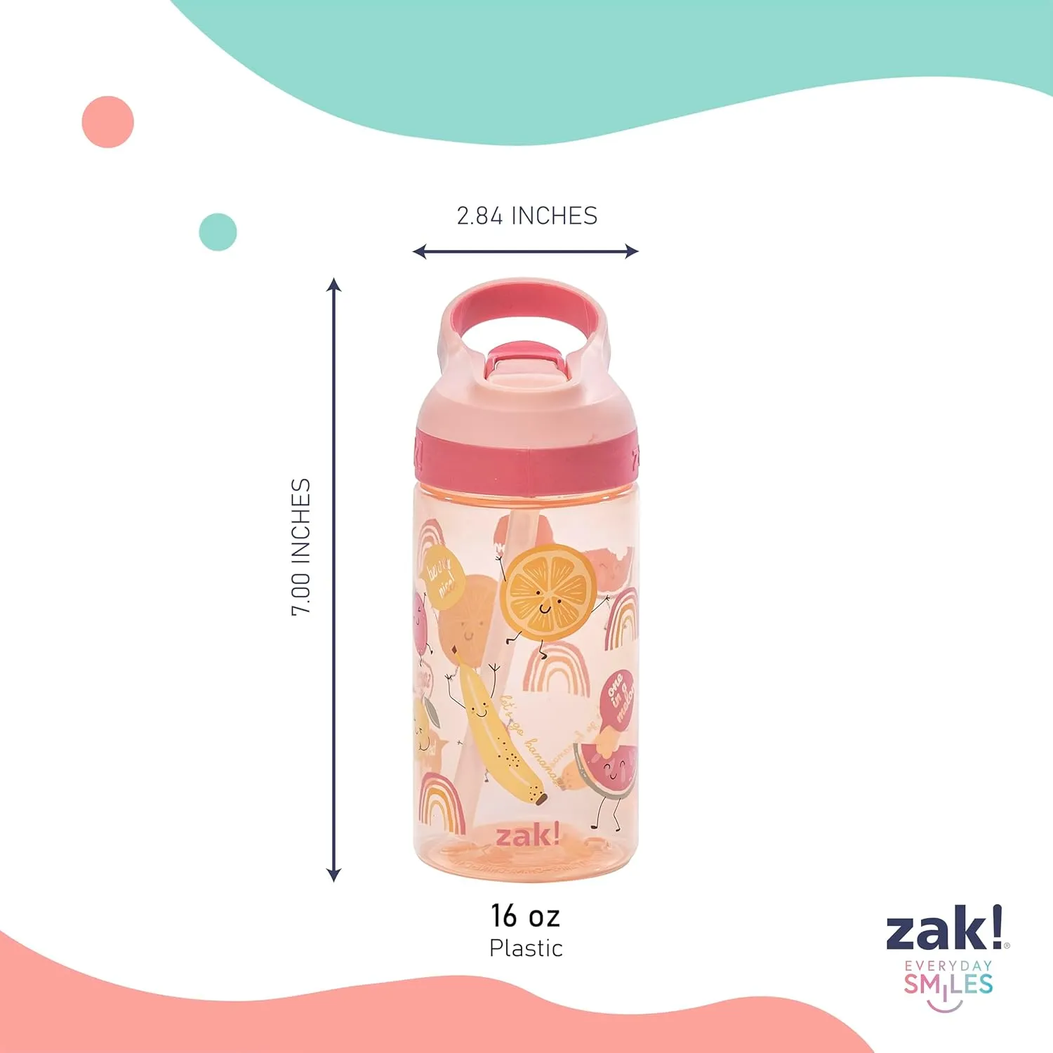 Zak Designs Atlantic Kids Water Bottle For School or Travel, 16oz Durable Plastic Water Bottle With Straw, Handle, and Leak-Proof, Pop-Up Spout Cover, 2-Pack (Fanciful Unicorn and Happy Fruit)