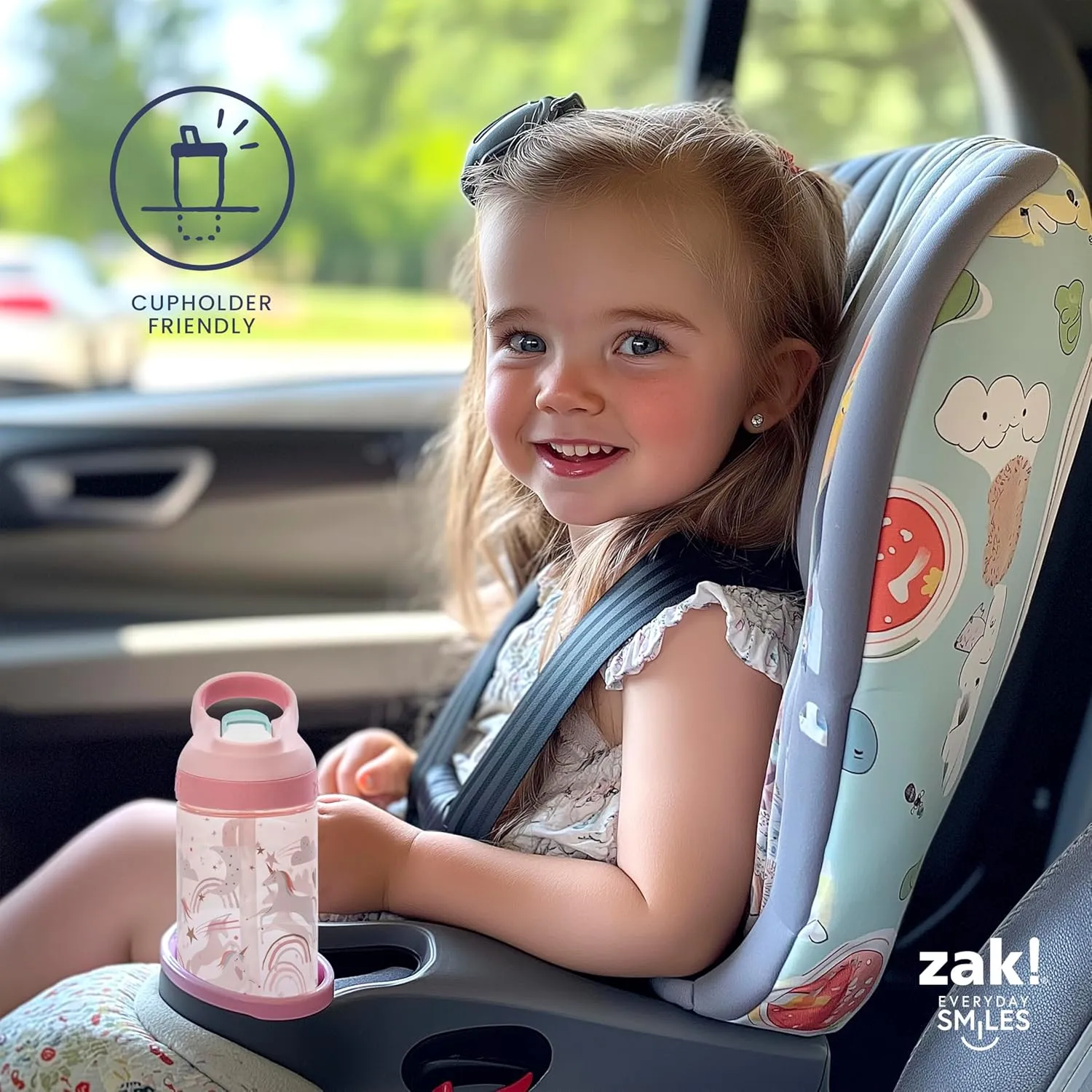 Zak Designs Atlantic Kids Water Bottle For School or Travel, 16oz Durable Plastic Water Bottle With Straw, Handle, and Leak-Proof, Pop-Up Spout Cover, 2-Pack (Fanciful Unicorn and Happy Fruit)