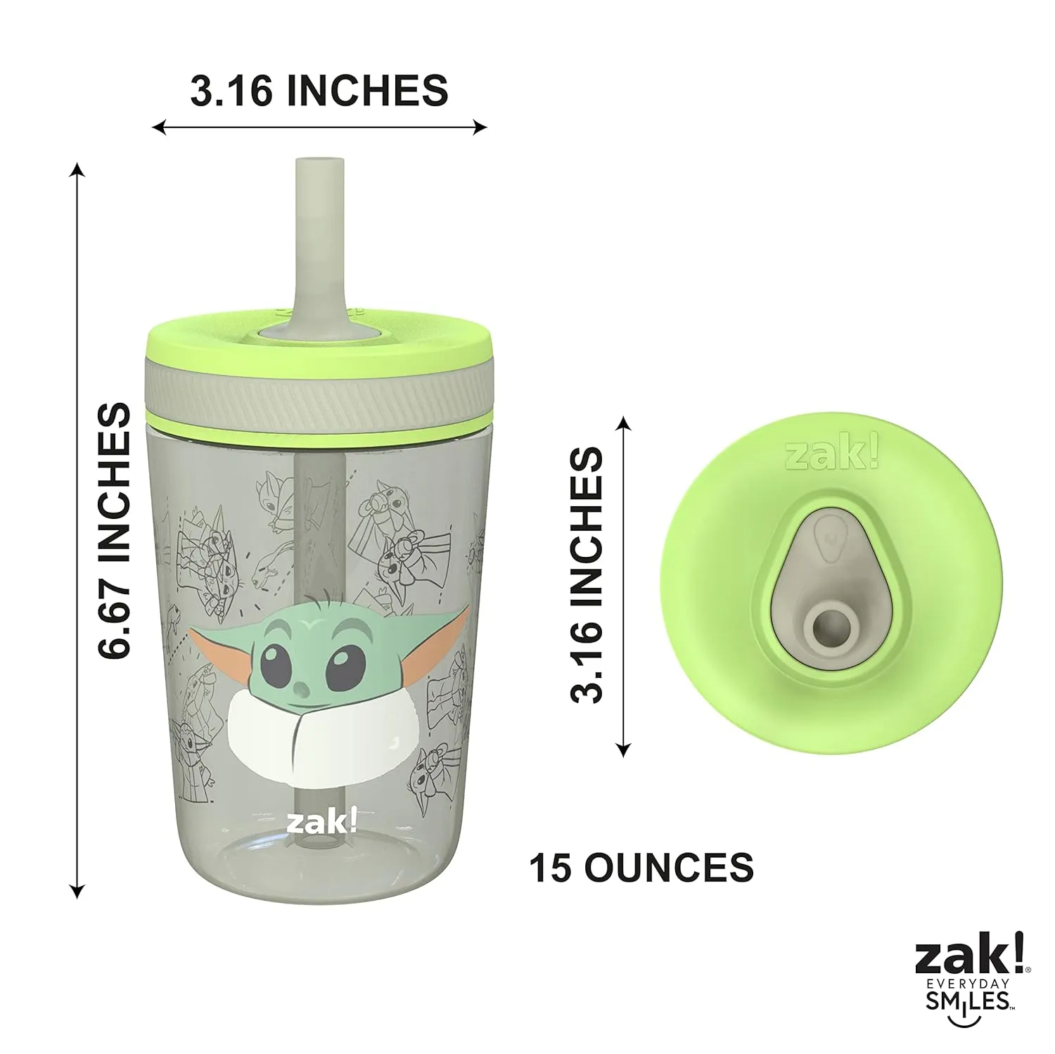 Zak Designs Star Wars The Mandalorian Kelso Toddler Cups For Travel or At Home, 15oz 2-Pack Durable Plastic Sippy Cups With Leak-Proof Design is Perfect For Kids (Baby Yoda, Grogu)