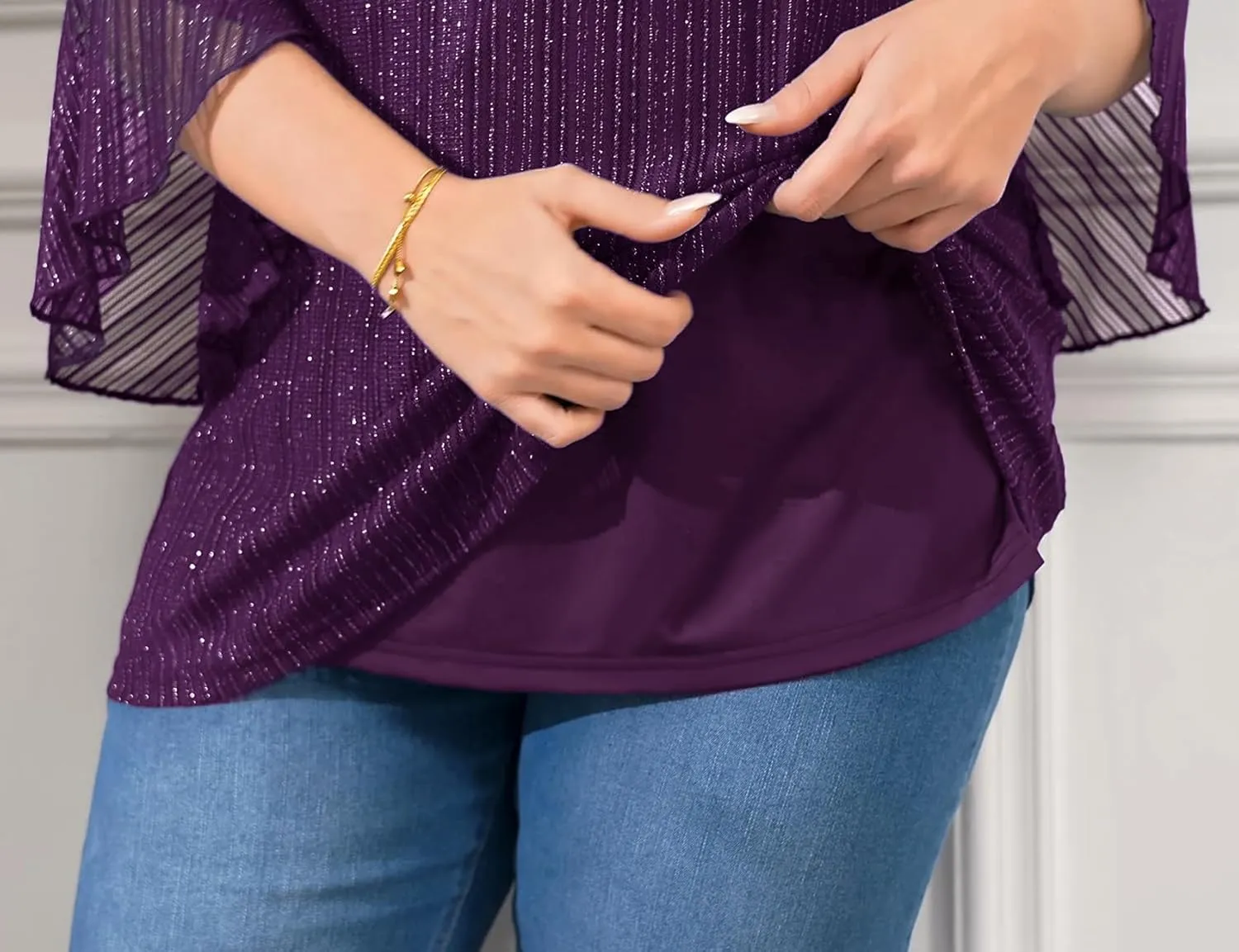 ZOMVA Women's Plus Size Ruffle 3/4 Sleeve Blouses Casual Elegant Dressy Crew Neck Double Layers Sparkly Mesh Tunic Tops
