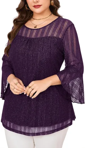 ZOMVA Women's Plus Size Ruffle 3/4 Sleeve Blouses Casual Elegant Dressy Crew Neck Double Layers Sparkly Mesh Tunic Tops