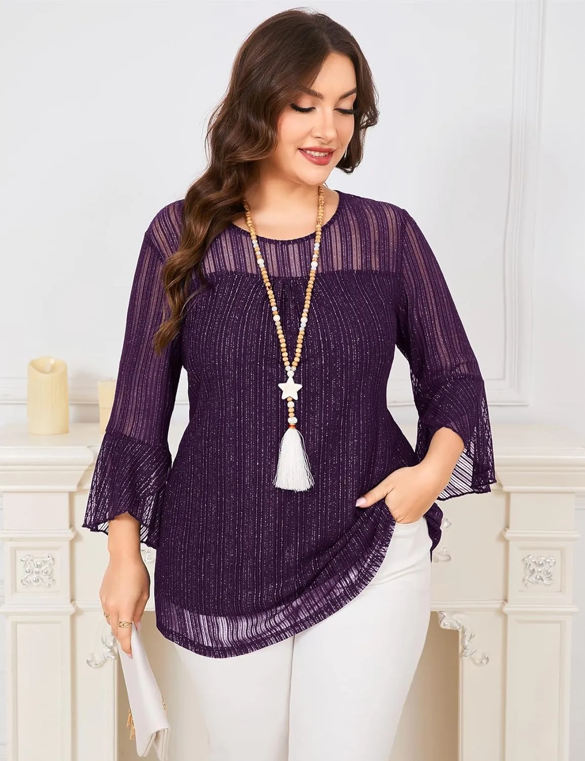 ZOMVA Women's Plus Size Ruffle 3/4 Sleeve Blouses Casual Elegant Dressy Crew Neck Double Layers Sparkly Mesh Tunic Tops