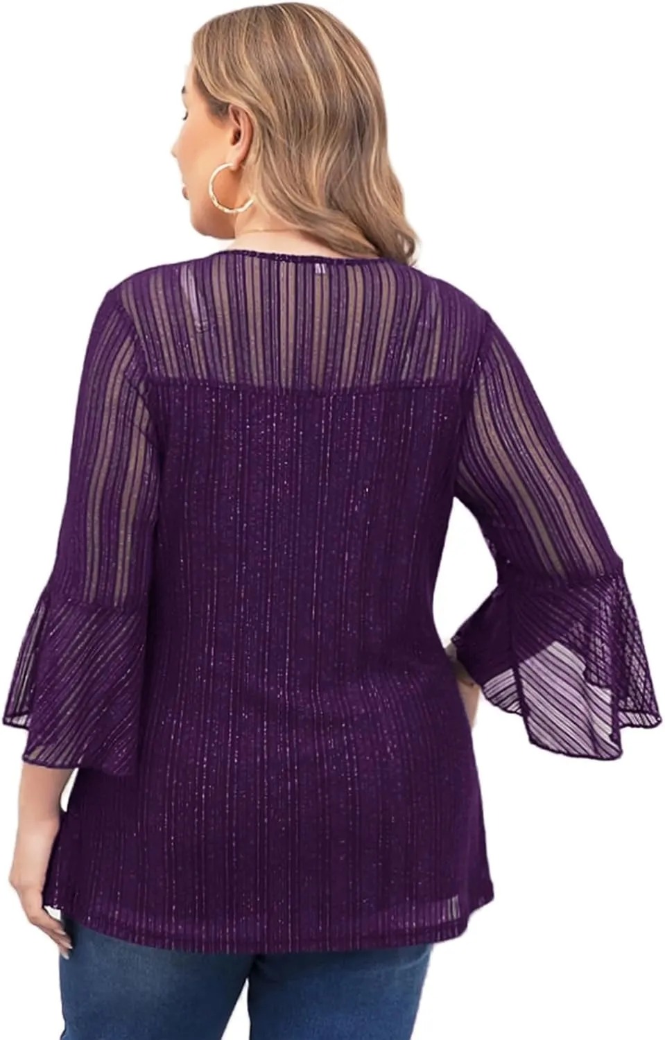 ZOMVA Women's Plus Size Ruffle 3/4 Sleeve Blouses Casual Elegant Dressy Crew Neck Double Layers Sparkly Mesh Tunic Tops