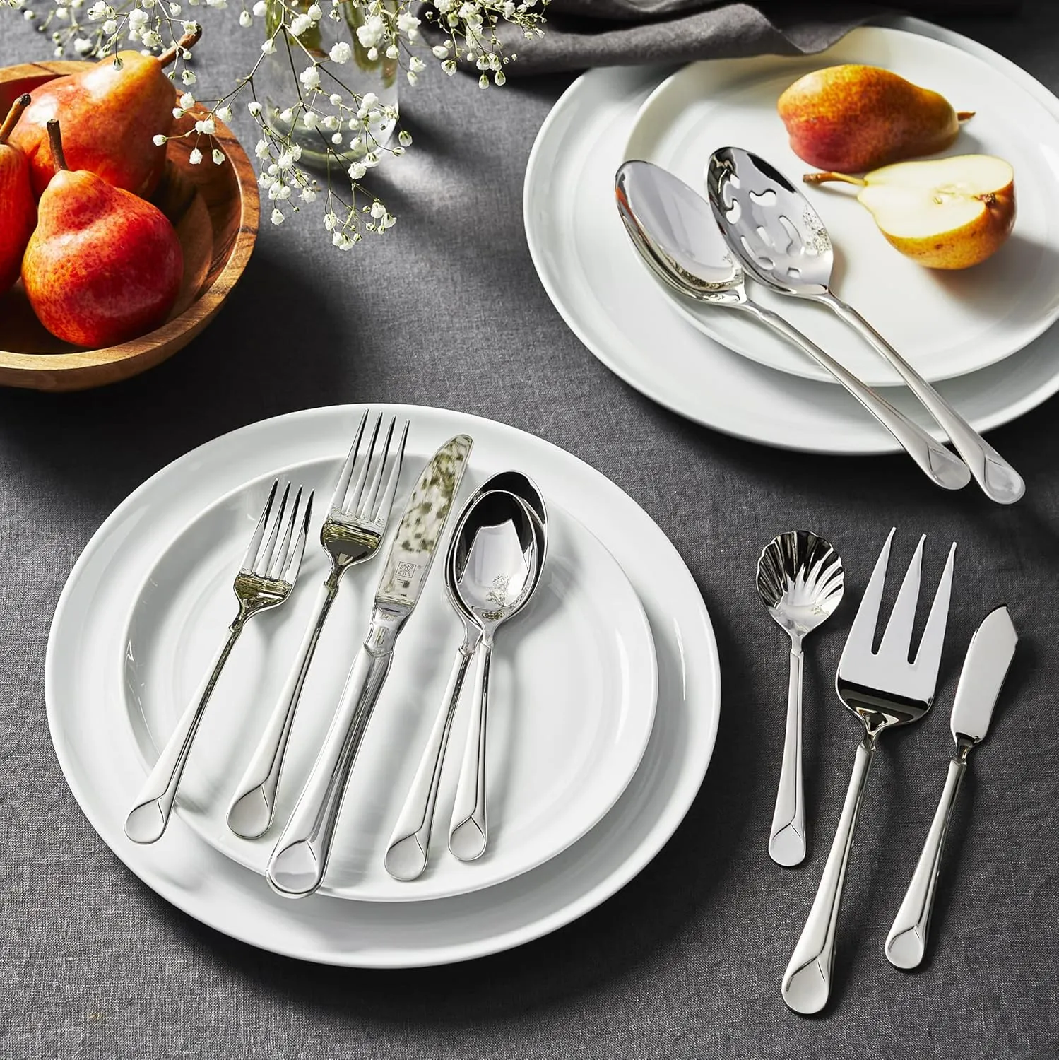 ZWILLING Provence 45-Piece Flatware Set, 18/10 Stainless Steel, Dual Mirror-Satin Finish, Service for 8, 5-piece placesetting plus 5 serving pieces