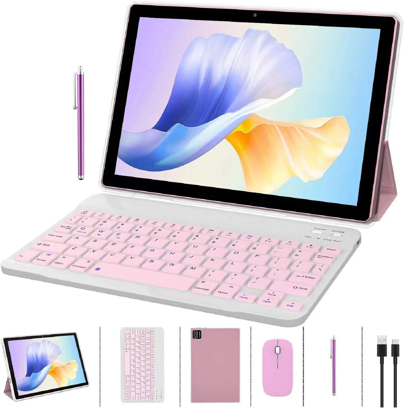 ZZB 2 in 1 Tablet with Keyboard Case Mouse Stylus Pen, 10 inch Tablet Android 14.0 Tablets PC Set, 8GB RAM 64GB ROM Tableta Computer 10.1" IPS Screen 2MP 8MP Dual Camera WiFi BT Tab Pink/Girls