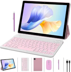 ZZB 2 in 1 Tablet with Keyboard Case Mouse Stylus Pen, 10 inch Tablet Android 14.0 Tablets PC Set, 8GB RAM 64GB ROM Tableta Computer 10.1" IPS Screen 2MP 8MP Dual Camera WiFi BT Tab Pink/Girls