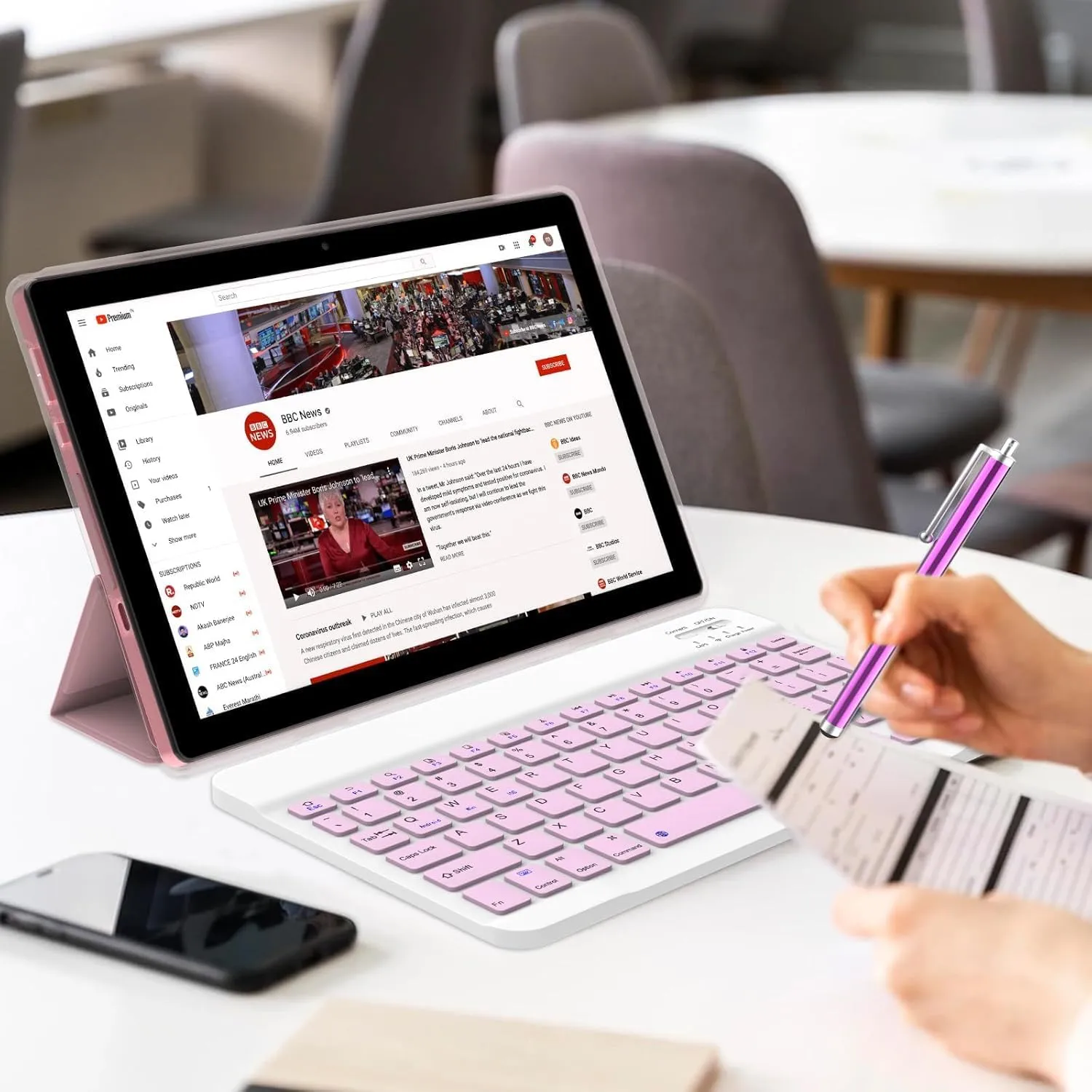 ZZB 2 in 1 Tablet with Keyboard Case Mouse Stylus Pen, 10 inch Tablet Android 14.0 Tablets PC Set, 8GB RAM 64GB ROM Tableta Computer 10.1" IPS Screen 2MP 8MP Dual Camera WiFi BT Tab Pink/Girls