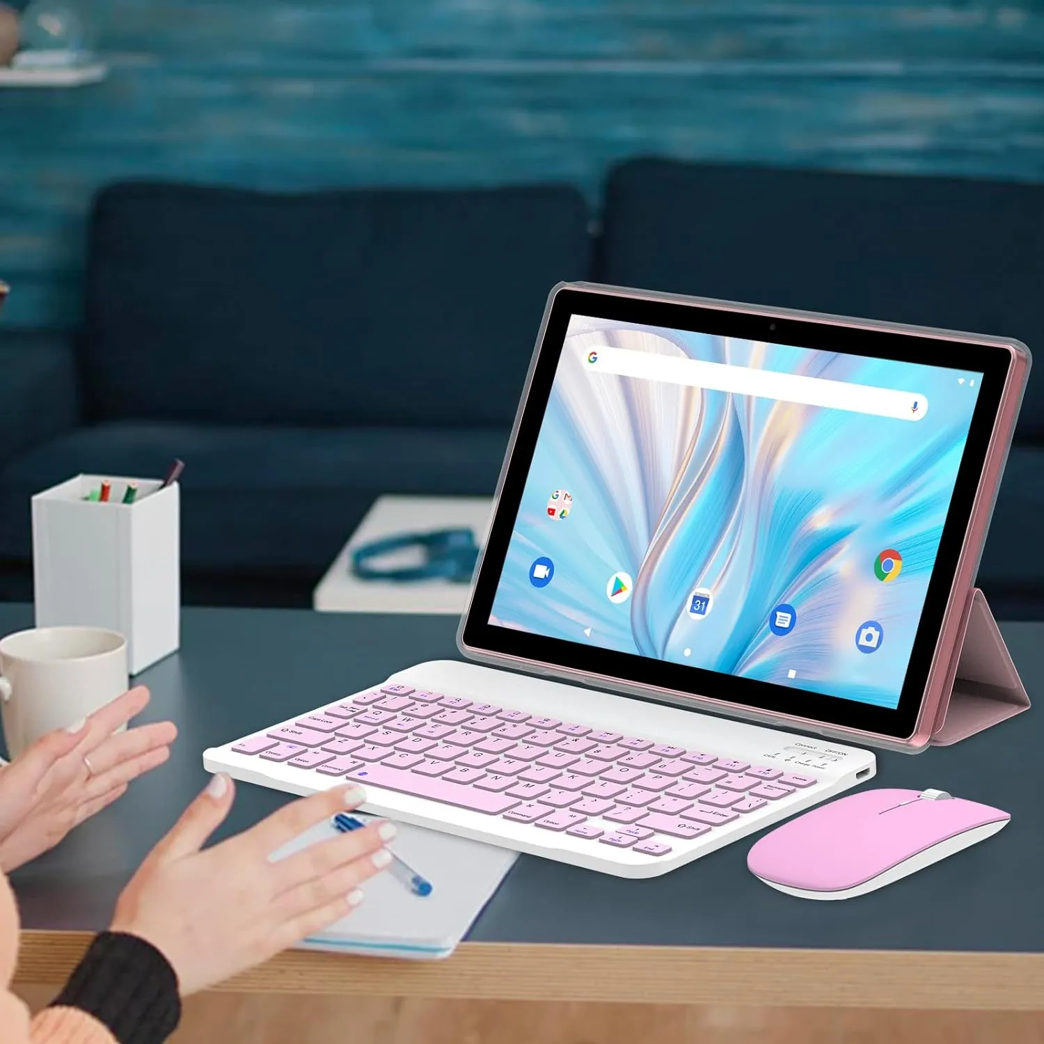 ZZB 2 in 1 Tablet with Keyboard Case Mouse Stylus Pen, 10 inch Tablet Android 14.0 Tablets PC Set, 8GB RAM 64GB ROM Tableta Computer 10.1" IPS Screen 2MP 8MP Dual Camera WiFi BT Tab Pink/Girls